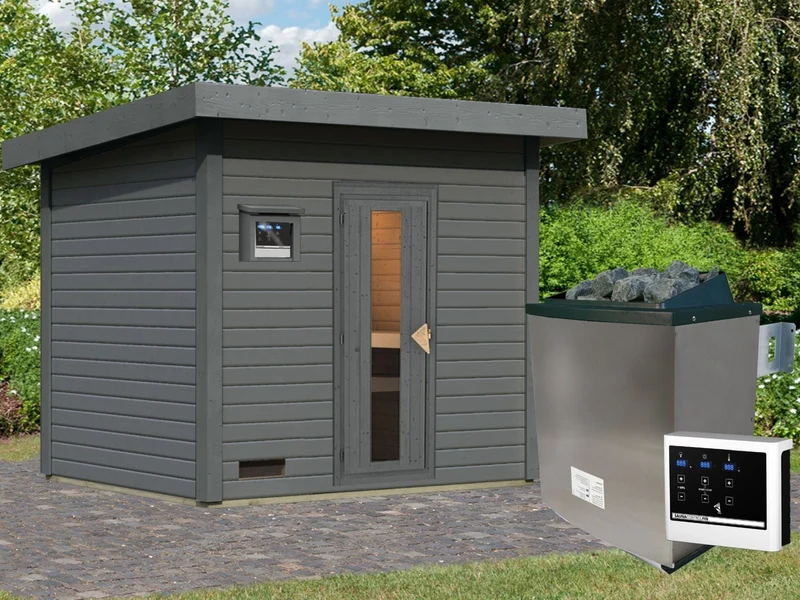 Norlinio Saunahaus Hella 3 terragrau 38 mm - inkl. 9 kW Ofen ext. Steuerung - inkl. Dacheindeckung