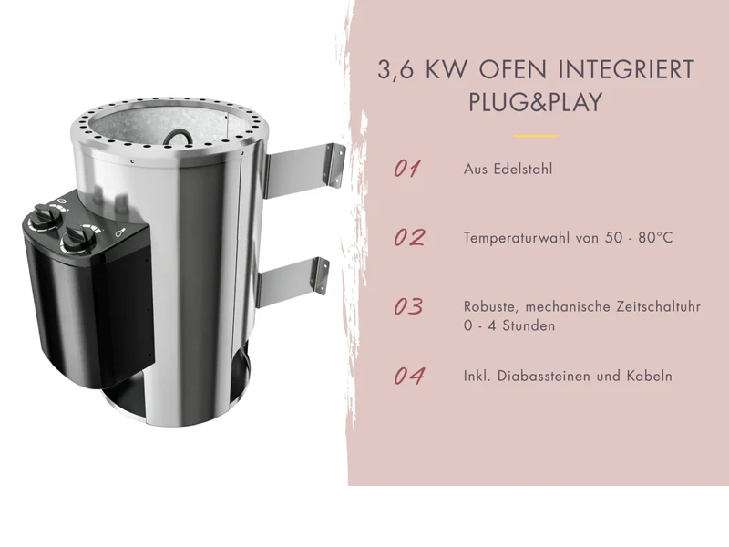 Karibu Fasssauna Quadro 0, inkl. 3,6 kW Ofen integr. Steuerung, 38 mm