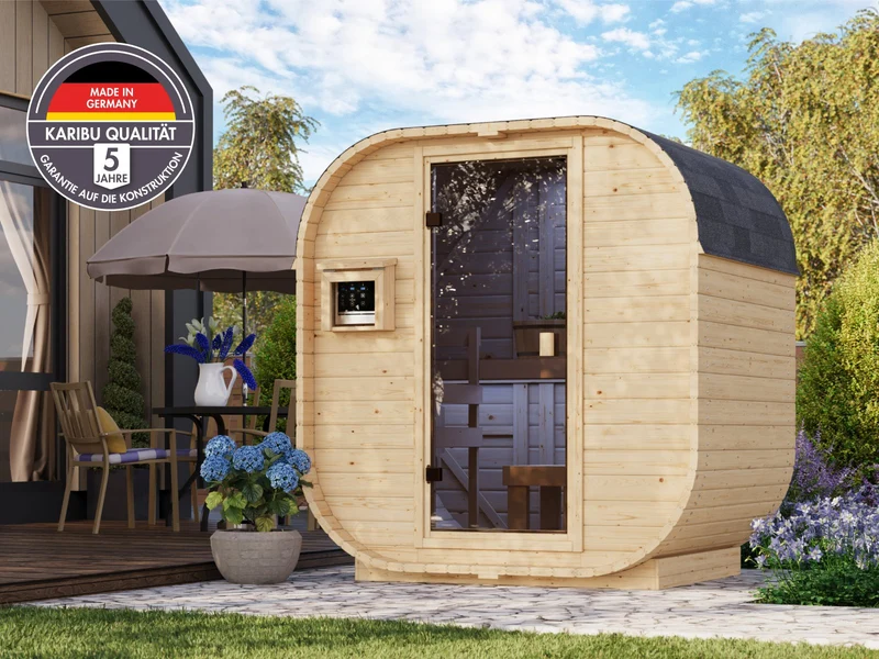 Karibu Fasssauna Quadro 0, inkl. 3,6 kW Bioofen externe Steuerung, 38 mm