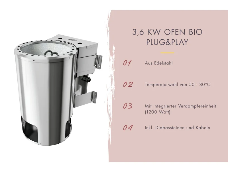 Karibu Fasssauna Quadro 0, inkl. 3,6 kW Bioofen externe Steuerung, 38 mm