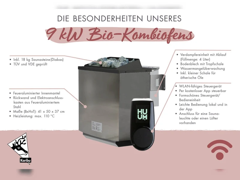 Karibu Saunahaus Mainburg 5 Set A naturbelassen, inkl. 9 kW Bioofen ext. Steuerung HUUM