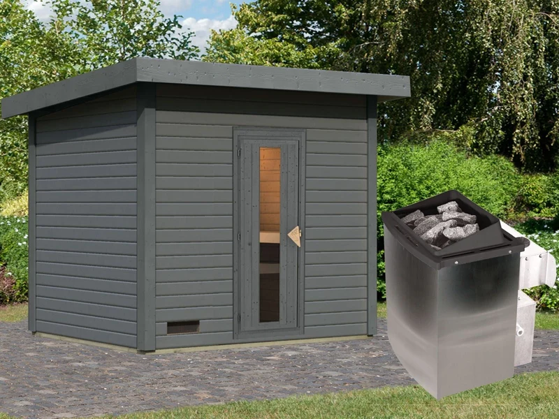 Norlinio Saunahaus Hella 3 terragrau 38 mm - inkl. 9 kW Ofen integr. Steuerung - inkl. Dacheindeckung