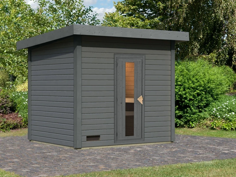 Norlinio Saunahaus Hella 3 terragrau 38 mm - ohne Ofen - inkl. Dacheindeckung und Fußboden