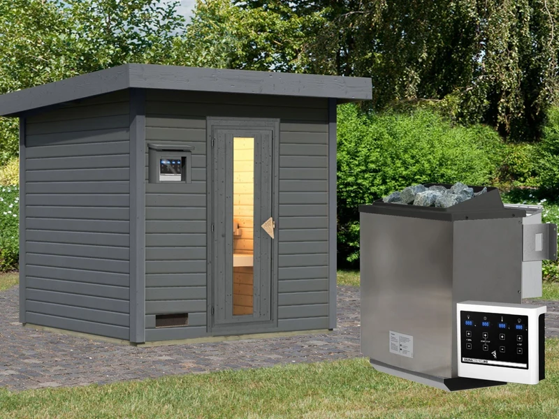 Norlinio Saunahaus Hella 2 terragrau 38 mm - inkl. 9 kW Bioofen ext. Steuerung - mit Dacheindeckung