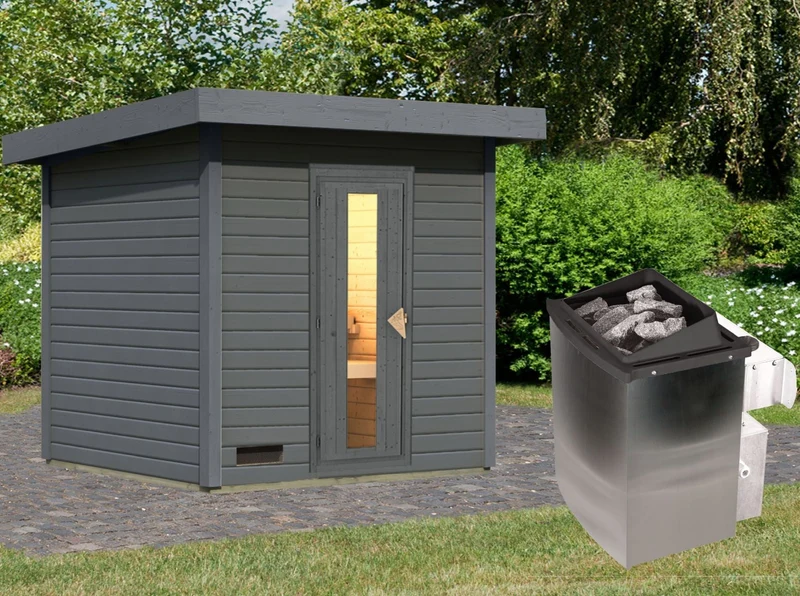 Norlinio Saunahaus Hella 2 terragrau 38 mm - inkl. 9 kW Ofen integr. Steuerung - mit Dacheindeckung