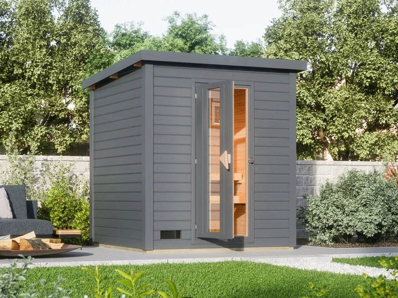 Norlinio Saunahaus Hella 2 terragrau 38 mm - inkl. 9 kW Ofen integr. Steuerung - mit Dacheindeckung