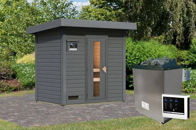 Norlinio Saunahaus Hella 1 terragrau 38 mm - inkl. 9 kW Ofen ext. Steuerung - inkl. Dacheindeckung