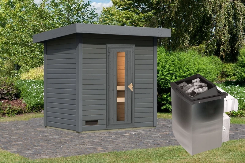 Norlinio Saunahaus Hella 1 terragrau 38 - inkl. 9 kW Ofen integr. Steuerung - inkl. Dacheindeckung