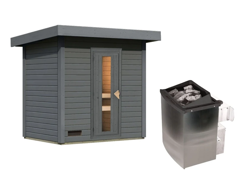 Norlinio Saunahaus Hella 1 terragrau 38 - inkl. 9 kW Ofen integr. Steuerung - inkl. Dacheindeckung