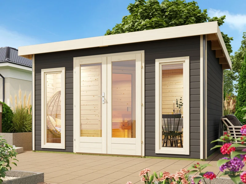 Karibu Saunahaus Mainburg 2 Set B terragrau, inkl. 9 kW Bioofen ext. Steuerung HUUM