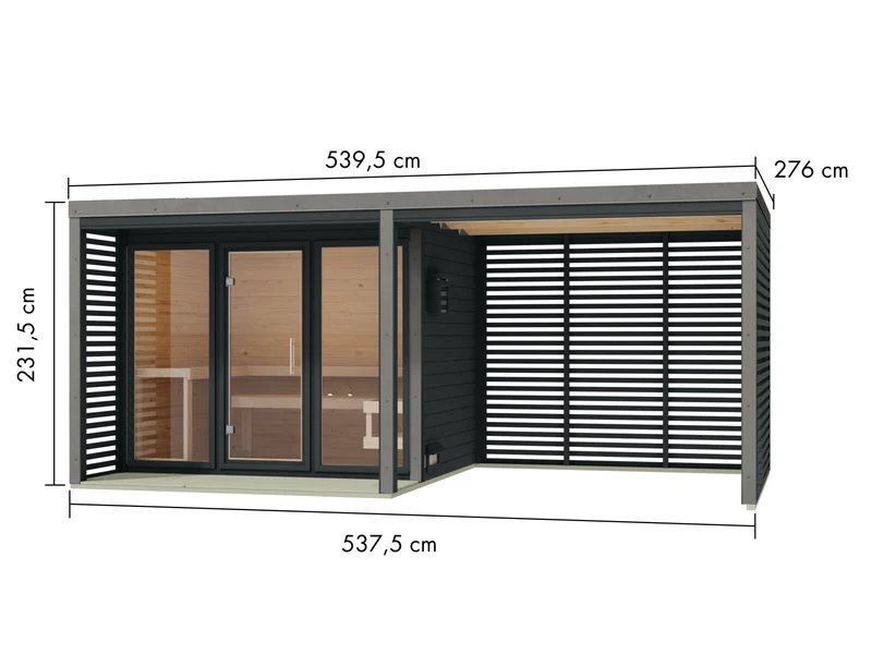 Karibu Hybrid Saunahaus Ares 3, inkl. Anbaudach in anthrazit/graualuminium, inkl. 9 kW Bioofen ext. Steuerung easy