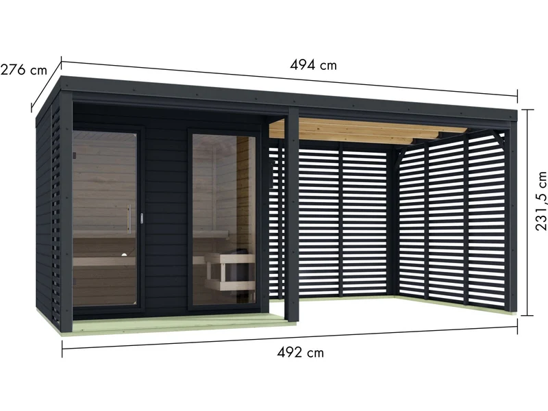 Karibu Hybrid Saunahaus Ares 2, inkl. Anbaudach in anthrazit/anthrazit, inkl. 9 kW Bioofen ext. Steuerung Wifi HUUM