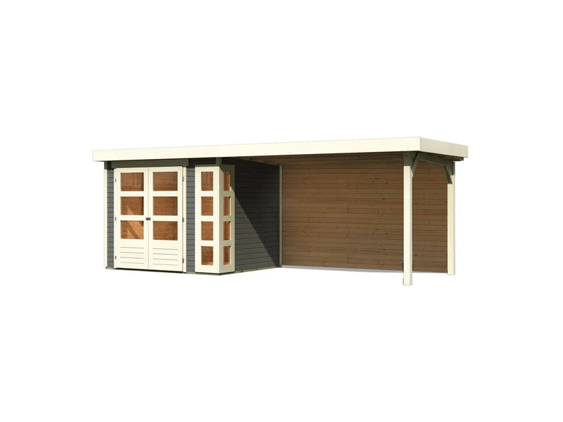 Karibu Gartenhaus Kerko 3 terragrau mit Anbaudach 2,80 m inkl. Rückwand