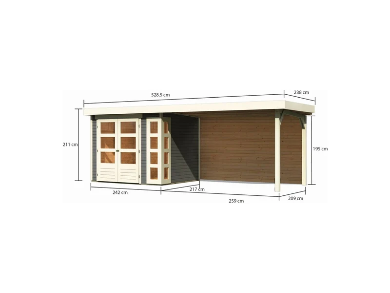 Karibu Gartenhaus Kerko 3 terragrau mit Anbaudach 2,80 m inkl. Rückwand