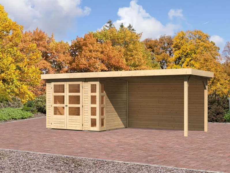 Karibu Gartenhaus Kerko 3 natur mit Anbaudach 2,80 m inkl. Rückwand