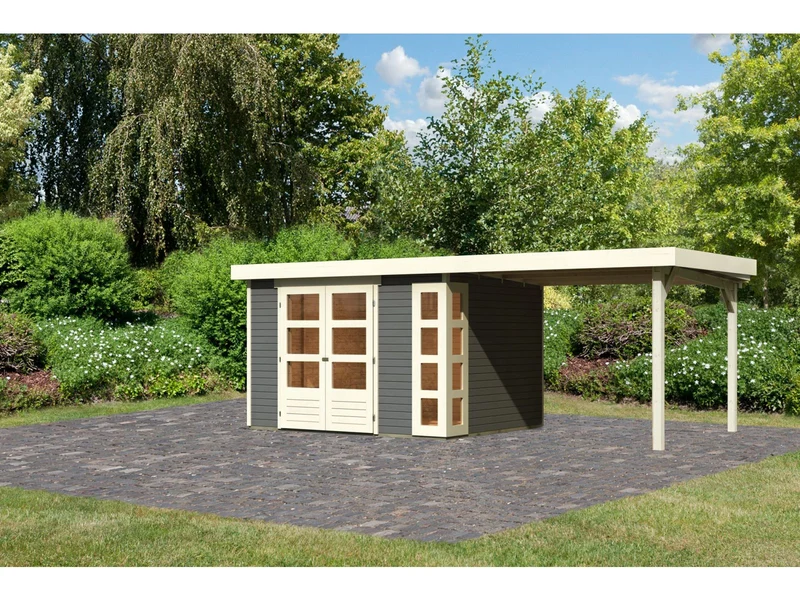 Karibu Gartenhaus Kerko 5 terragrau mit Anbaudach 2,80 m