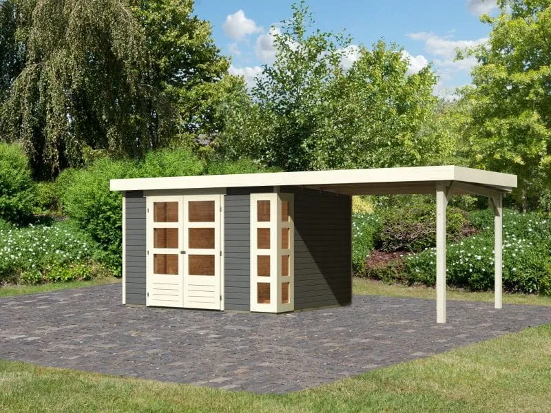 Karibu Gartenhaus Kerko 5 terragrau mit Anbaudach 2,80 m