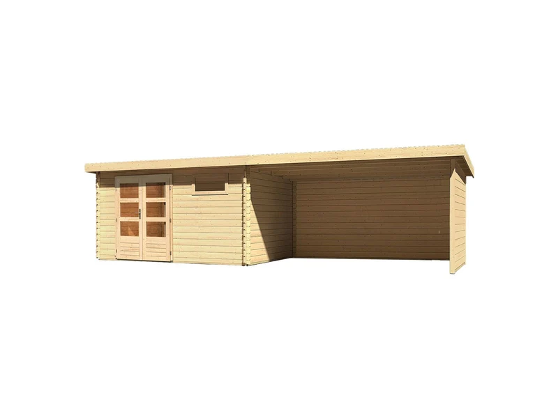 Karibu Gartenhaus Bastrup 8 mit Anbaudach 4 Meter inkl. Rück- und Seitenwand