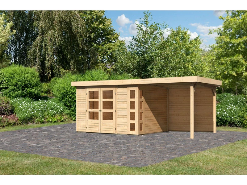 Karibu Gartenhaus Kerko 5 natur mit Anbaudach 2,40 m inkl. Rückwand