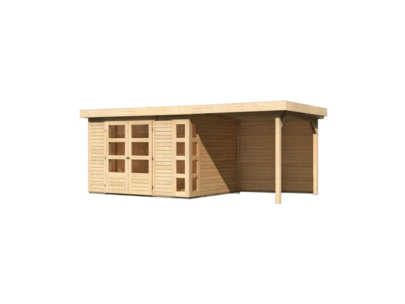 Karibu Gartenhaus Kerko 5 natur mit Anbaudach 2,40 m inkl. Rückwand
