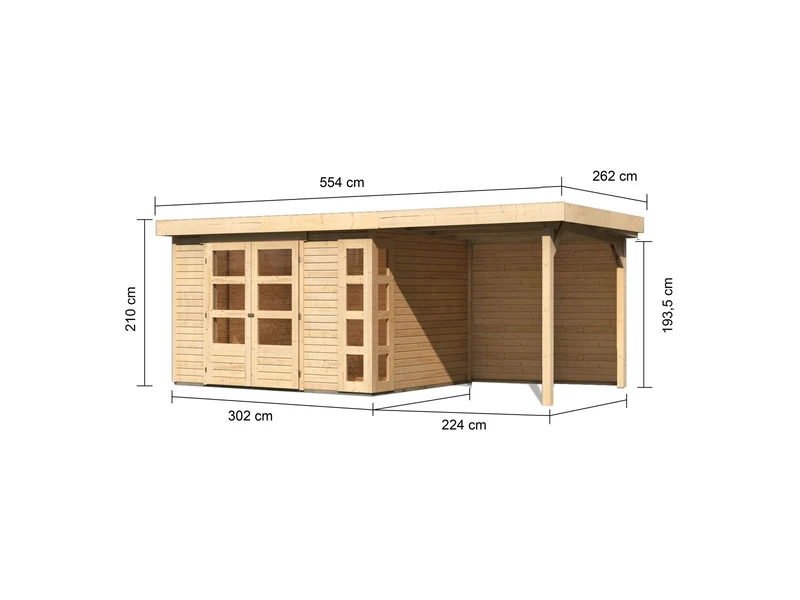 Karibu Gartenhaus Kerko 5 natur mit Anbaudach 2,40 m inkl. Rückwand