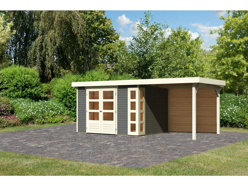 Karibu Gartenhaus Kerko 5 terragrau mit Anbaudach 2,40 m inkl. Rückwand