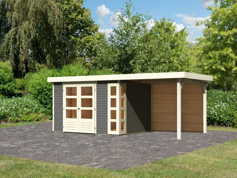 Karibu Gartenhaus Kerko 5 terragrau mit Anbaudach 2,40 m inkl. Rückwand