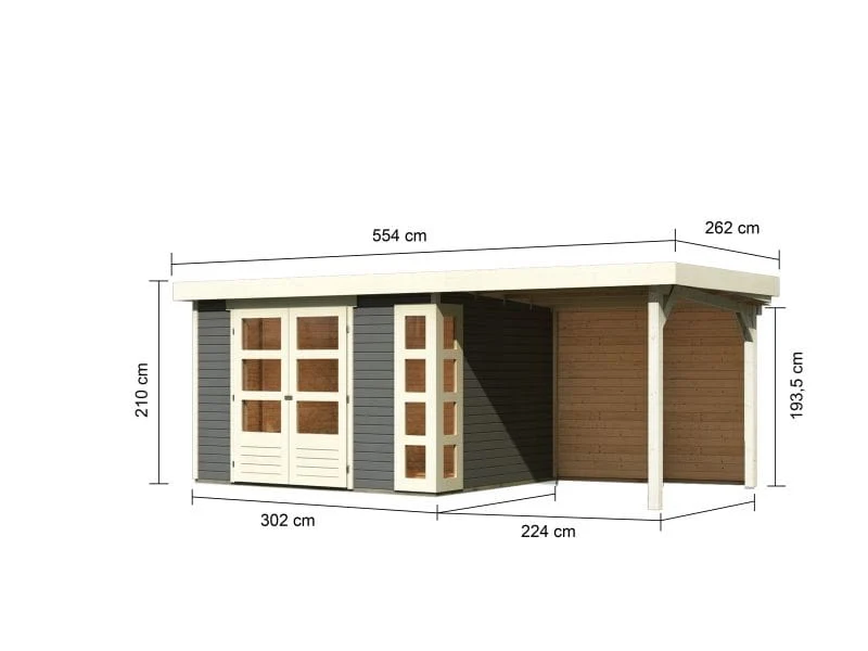 Karibu Gartenhaus Kerko 5 terragrau mit Anbaudach 2,40 m inkl. Rückwand
