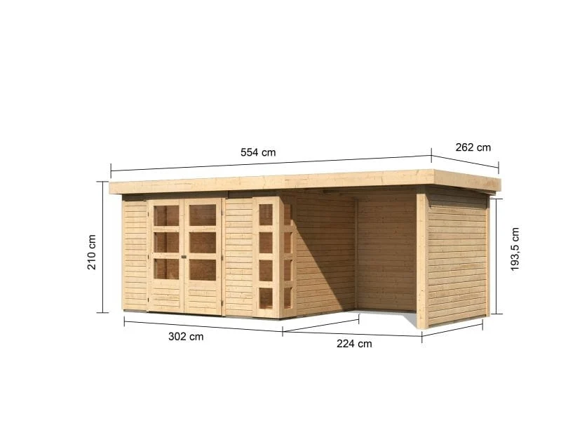 Karibu Gartenhaus Kerko 5 natur mit Anbaudach 2,40 m inkl. Seiten- und Rückwand