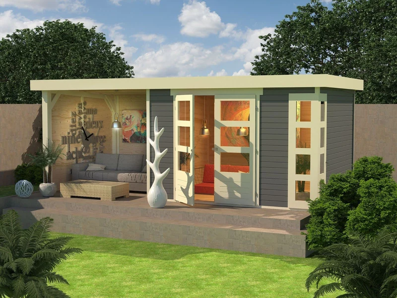 Karibu Gartenhaus Kerko 5 terragrau mit Anbaudach 2,40 m inkl. Seiten- und Rückwand