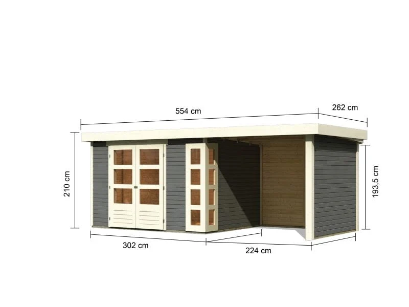 Karibu Gartenhaus Kerko 5 terragrau mit Anbaudach 2,40 m inkl. Seiten- und Rückwand