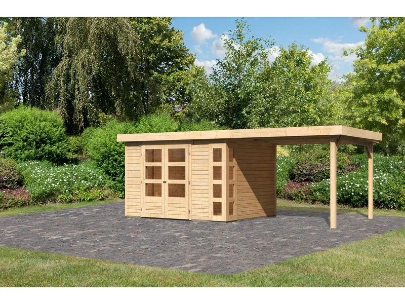 Karibu Gartenhaus Kerko 5 natur mit Anbaudach 2,80 m