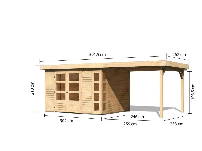 Karibu Gartenhaus Kerko 5 natur mit Anbaudach 2,80 m