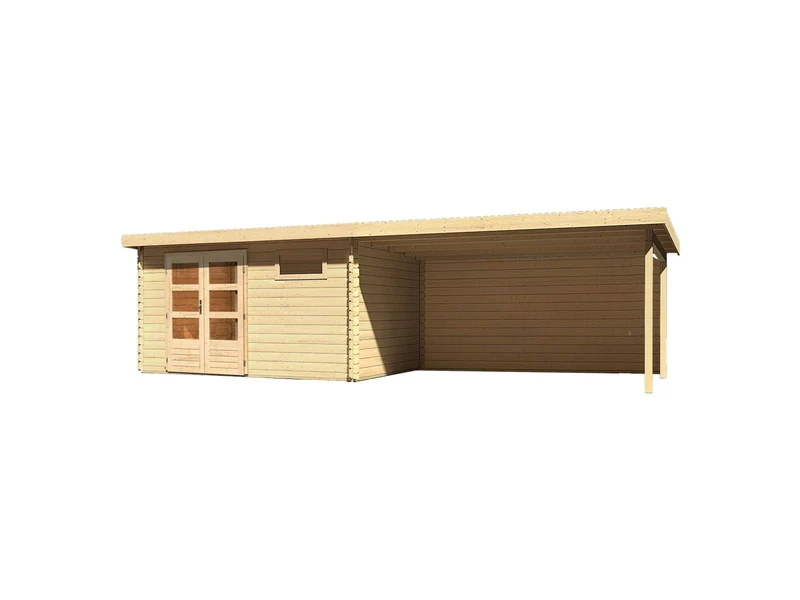 Karibu Gartenhaus Bastrup 8 mit Anbaudach 4 Meter inkl. Rückwand