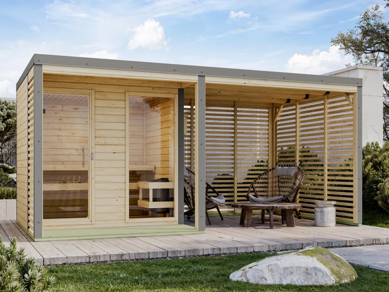 Karibu Hybrid Saunahaus Ares 2, inkl. Anbaudach in naturbelassen/graualuminium, inkl. 9 kW Bioofen ext. Steuerung easy