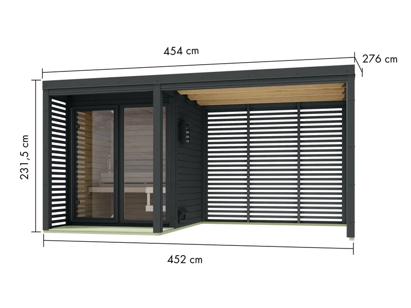 Karibu Hybrid Saunahaus Ares 1, mit Anbaudach in anthrazit/anthrazit, inkl. 9 kW Bioofen ext. Steuerung Wifi HUUM