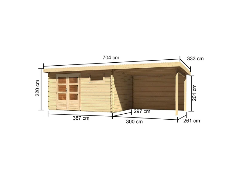 Karibu Gartenhaus Bastrup 8 mit Anbaudach 3 Meter inkl. Rückwand natur