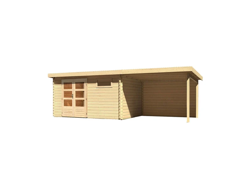 Karibu Gartenhaus Bastrup 8 mit Anbaudach 3 Meter inkl. Rückwand natur