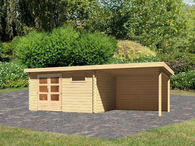 Karibu Gartenhaus Bastrup 8 mit Anbaudach 3 Meter inkl. Rückwand natur
