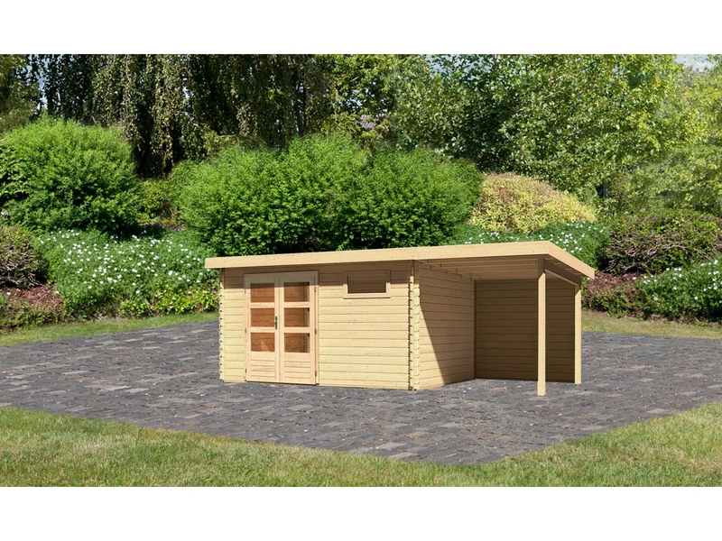 Karibu Gartenhaus Bastrup 8 mit Anbaudach 2 Meter inkl. Rückwand