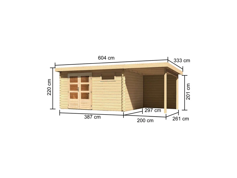 Karibu Gartenhaus Bastrup 8 mit Anbaudach 2 Meter inkl. Rückwand