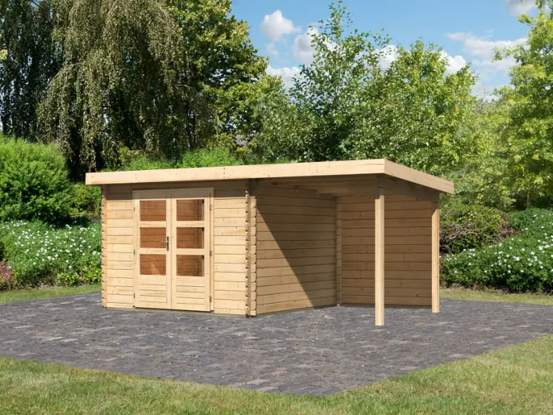 Karibu Gartenhaus Bastrup 8 mit Anbaudach 2 Meter inkl. Rückwand