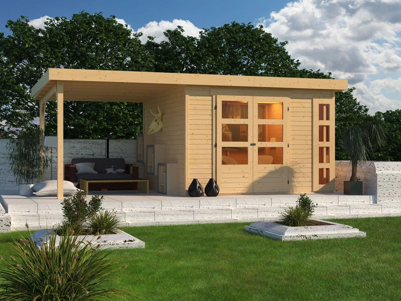 Karibu Gartenhaus Kerko 6 mit 2,40 m Anbaudach, 19 mm, natur