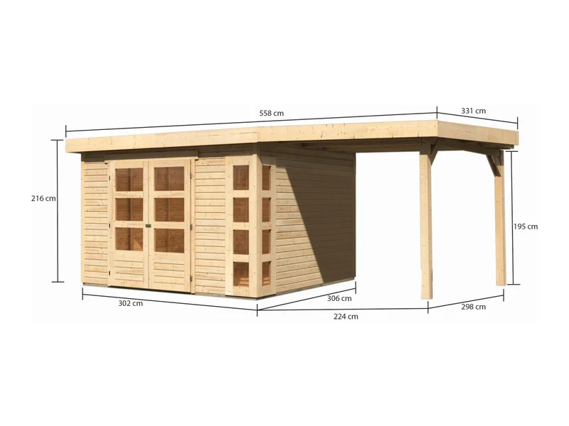 Karibu Gartenhaus Kerko 6 mit 2,40 m Anbaudach, 19 mm, natur
