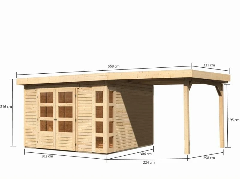 Karibu Gartenhaus Kerko 6 mit 2,40 m Anbaudach, 19 mm, natur