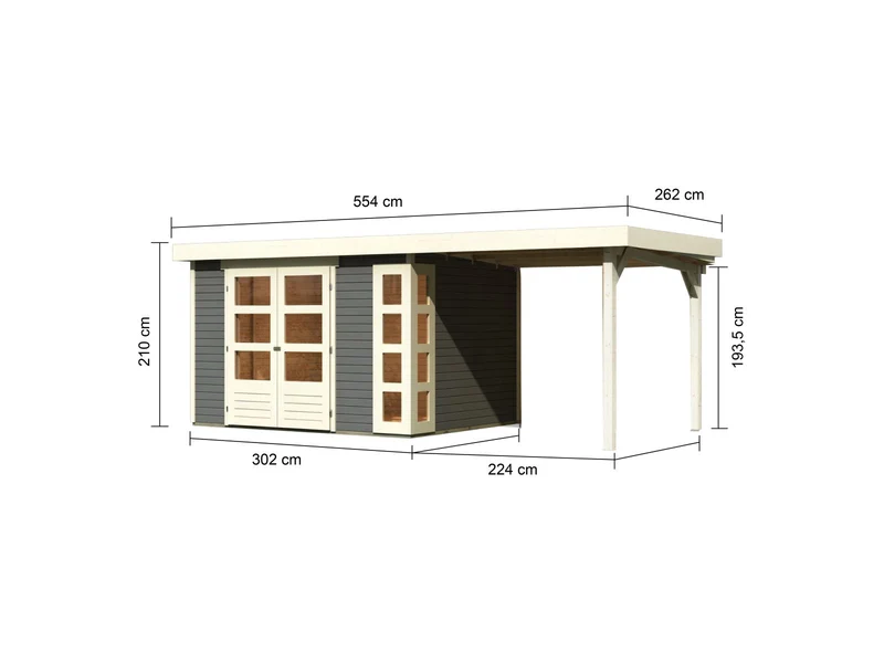 Karibu Gartenhaus Kerko 5 terragrau mit Anbaudach 2,40 m