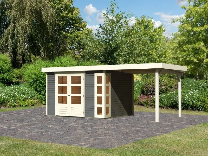 Karibu Gartenhaus Kerko 5 terragrau mit Anbaudach 2,40 m
