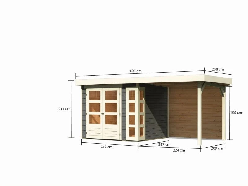 Karibu Gartenhaus Kerko 3 terragrau mit 2,40 m Anbaudach, Rückwand