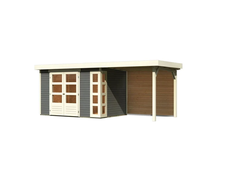 Karibu Gartenhaus Kerko 4 terragrau mit Anbaudach 2,40 m, Rückwand