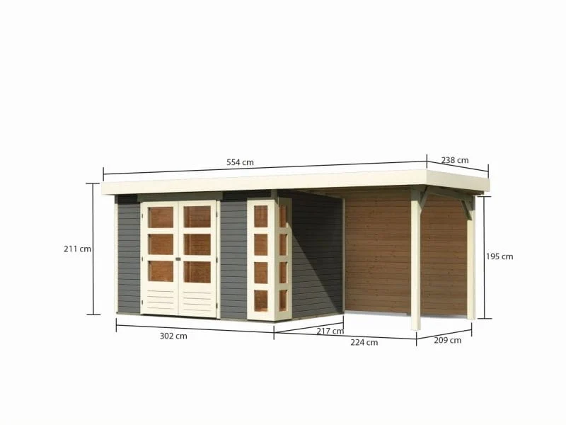 Karibu Gartenhaus Kerko 4 terragrau mit Anbaudach 2,40 m, Rückwand